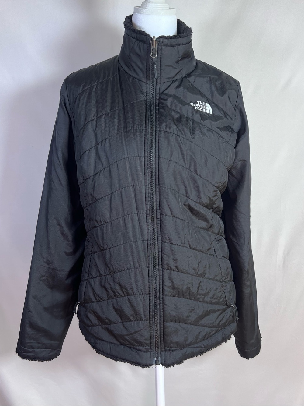 The North Face Womens Black Mossbud Reversible Quilted Fleece Jacket - Medium